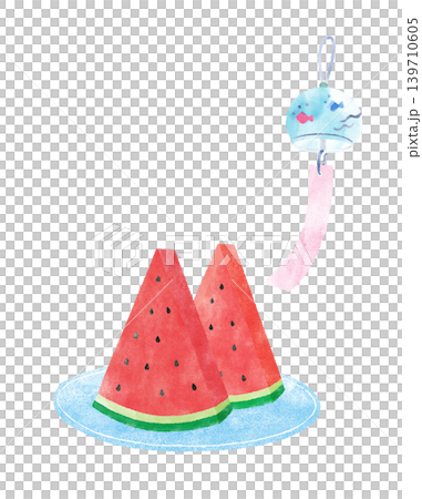 Watercolor-style summer illustration of wind chimes and sliced watermelon (transparent background) 139710605