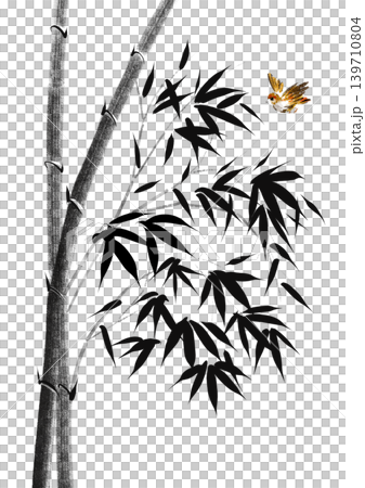 Bamboo stalks and a small bird flying nearby. Sense of tranquility and minimalist beauty Bamboo stalks and a small bird flying nearby. Sense of tranquility and minimalist beauty 139710804