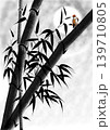 Bamboo stalks with a small bird perched on its branch and a moon in background. 139710805