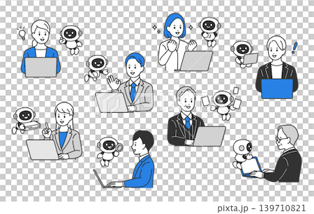 A set of vector illustrations of business people using AI and chatbots to streamline their work. A set of vector illustrations of business people using AI and chatbots to streamline their work. 139710821
