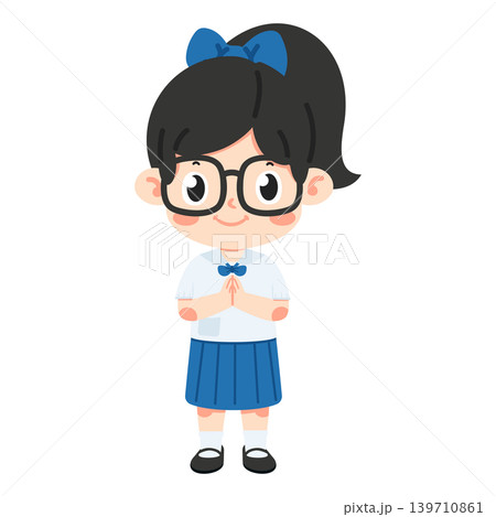 Girl In School Uniform Greeting With Wai Gesture Girl In School Uniform Greeting With Wai Gesture 139710861