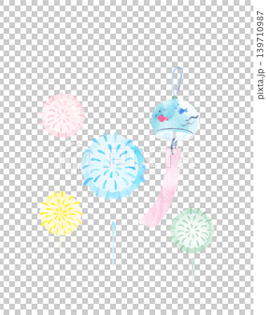 A watercolor-style illustration of wind chimes and fireworks, symbols of summer. A watercolor-style illustration of wind chimes and fireworks, symbols of summer. 139710987