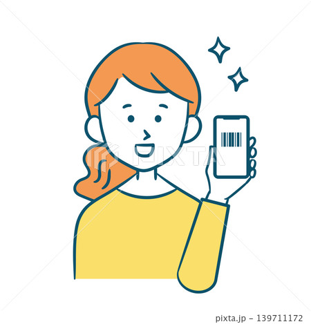 スマホのバーコード表示を笑顔でみせる女性 スマホのバーコード表示を笑顔でみせる女性 139711172