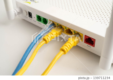 Ethernet cable with wireless router connect to internet service provider network. 139711234