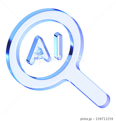 Blue glassmorphism magnifying glass icon with AI text for smart data analysis, Translucent search tool with glossy blue gradient representing artificial intelligence research UI 139711259