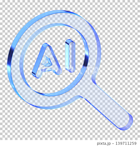 Blue glassmorphism magnifying glass icon with AI text for smart data analysis, Translucent search tool with glossy blue gradient representing artificial intelligence research UI 139711259