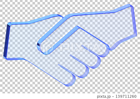 Blue glassmorphism handshake icon symbolizing business partnership and successful agreement, Minimalist translucent hands clasped with soft gradient for corporate collaboration interfaces 139711260