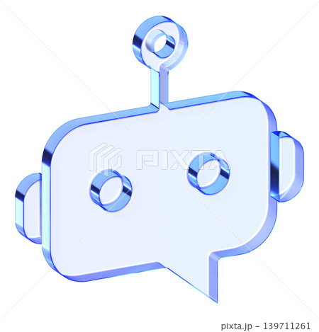 Blue glassmorphism chatbot assistant icon representing automated customer support, Translucent virtual robot symbol with glossy blue gradient for smart helpdesk interface design 139711261