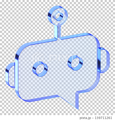 Blue glassmorphism chatbot assistant icon representing automated customer support, Translucent virtual robot symbol with glossy blue gradient for smart helpdesk interface design 139711261