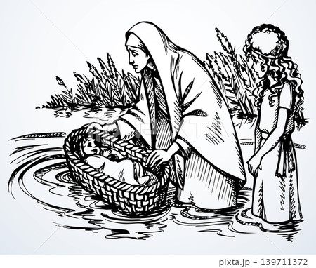Vector drawing. Mother and little Moses in a basket Vector drawing. Mother and little Moses in a basket 139711372