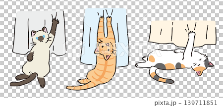 An illustration of a cat whose claws get caught in a curtain. An illustration of a cat whose claws get caught in a curtain. 139711851