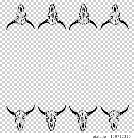 牛骨の手描きモノクロ上下ボーダー - 和風やハロウィンに使える線画フレームデザイン 139712310