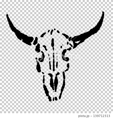 牛骨の手描きモノクロイラスト - 和風やタトゥーに使えるバッファロースカル線画デザイン 139712313
