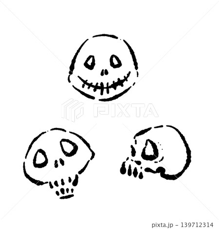 コミカルなドクロの手描きモノクロイラストセット - 和風やハロウィンに使える可愛い線画集 139712314