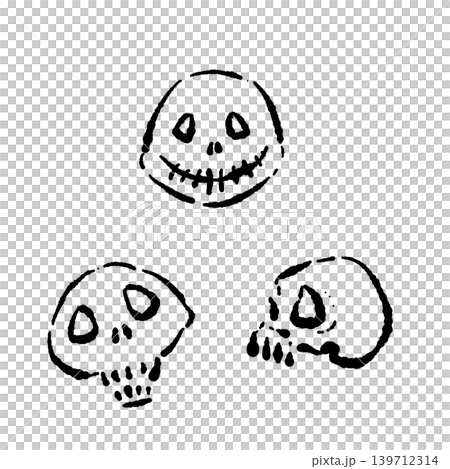 コミカルなドクロの手描きモノクロイラストセット - 和風やハロウィンに使える可愛い線画集 139712314