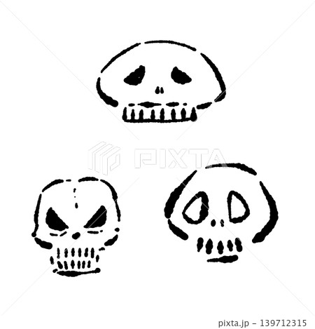 不気味なドクロの手描きモノクロイラストセット - 和風やハロウィンに使える邪悪な線画集 139712315