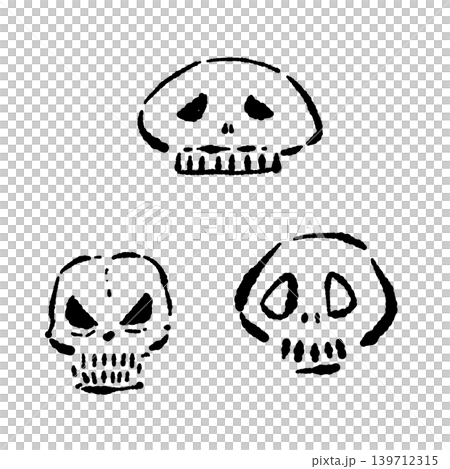 不気味なドクロの手描きモノクロイラストセット - 和風やハロウィンに使える邪悪な線画集 139712315