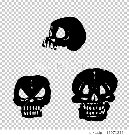小さなドクロの手描きモノクロイラストグループ - 黒塗りベースの骸骨デザイン 139712324