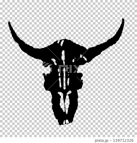 手繪單色牛頭骨插圖 - 以黑色為底色的水牛頭骨設計。 139712326