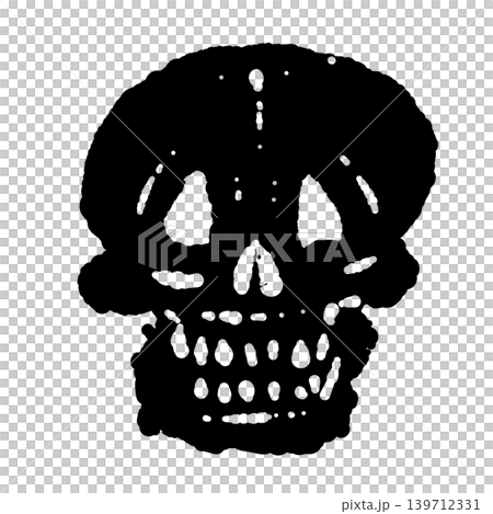 リアルなドクロの手描きモノクロイラスト - 黒塗りベースの正面顔デザイン 139712331