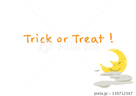 黄色い三日月と雲の横向きメッセージカードテンプレート - 手描きの Trick or Treat! 139712387