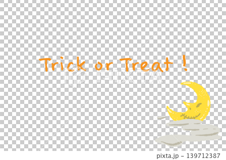 Yellow crescent moon and clouds sideways message card template - hand-drawn Trick or Treat! Yellow crescent moon and clouds sideways message card template - hand-drawn Trick or Treat! 139712387