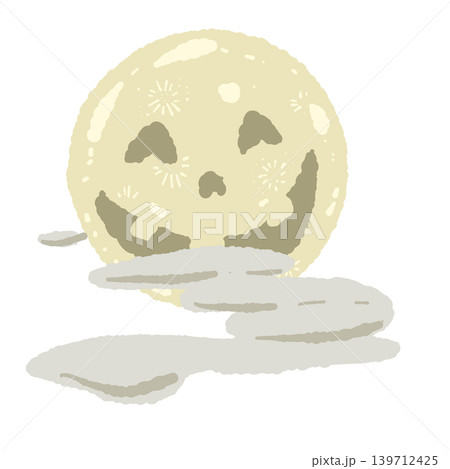 黄色い顔つき満月と雲の手描きイラスト - ハロウィンや夜空のファンタジーデザイン 139712425