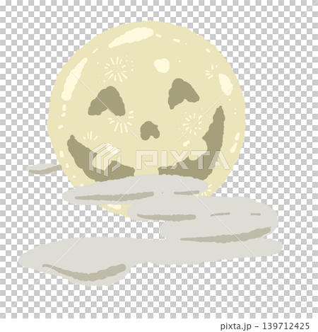 黄色い顔つき満月と雲の手描きイラスト - ハロウィンや夜空のファンタジーデザイン 139712425