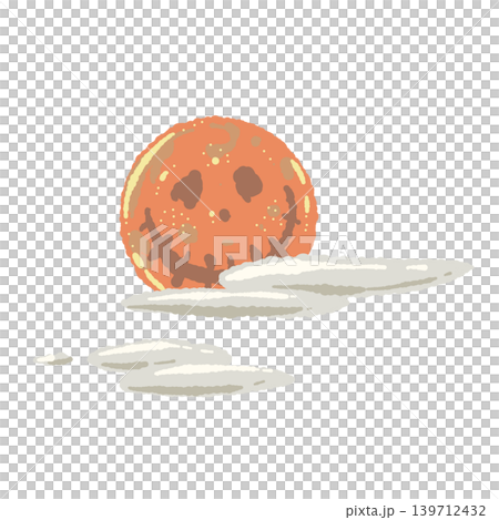 オレンジ色の顔つき満月と雲の手描きイラスト - ハロウィンや夜空のファンタジーデザイン 139712432