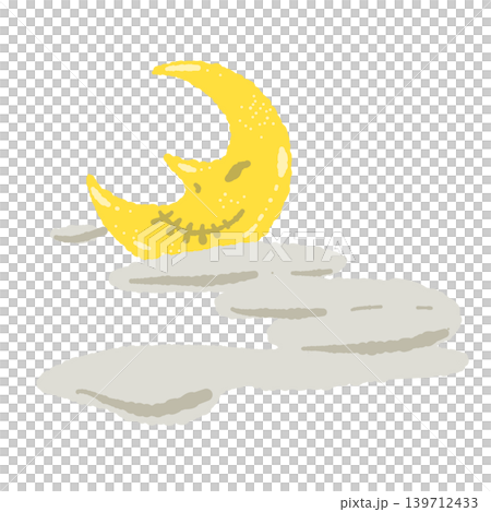 黄色い顔つき三日月と雲の手描きイラスト - ハロウィンや夜空のファンタジーデザイン 139712433