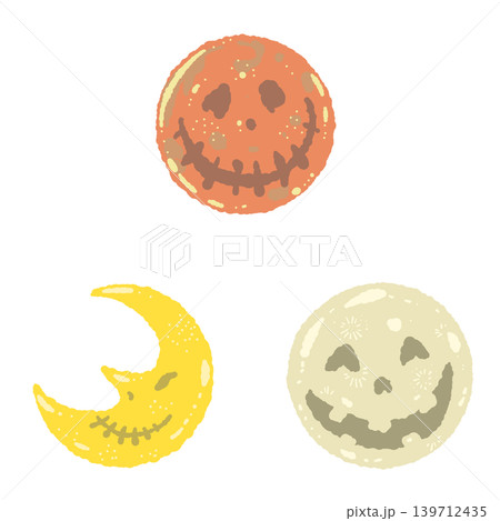 顔つきの月(満月と三日月)手描きイラストセット - ハロウィンの夜空やファンタジーデザイン 顔つきの月(満月と三日月)手描きイラストセット - ハロウィンの夜空やファンタジーデザイン 139712435