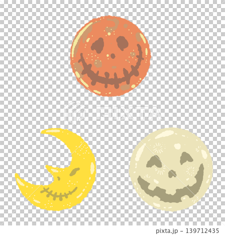 顔つきの月(満月と三日月)手描きイラストセット - ハロウィンの夜空やファンタジーデザイン 顔つきの月(満月と三日月)手描きイラストセット - ハロウィンの夜空やファンタジーデザイン 139712435
