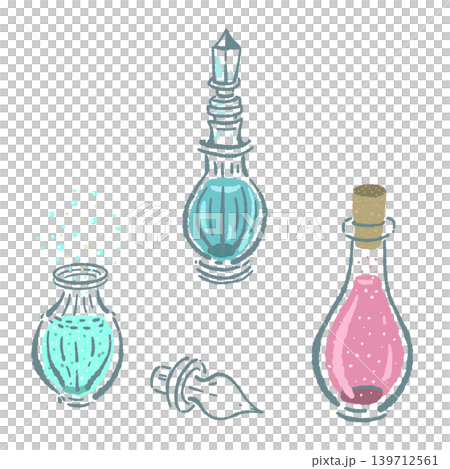 カラフルな魔法の薬が入ったポーション瓶の手描きイラストセット 139712561