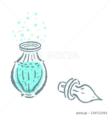 青い魔法の薬が入ったポーション瓶と泡の手描きイラスト 139712563