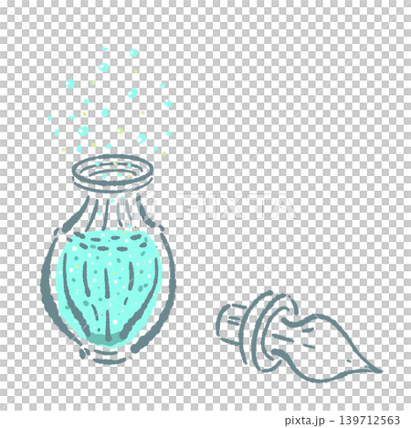 青い魔法の薬が入ったポーション瓶と泡の手描きイラスト 139712563