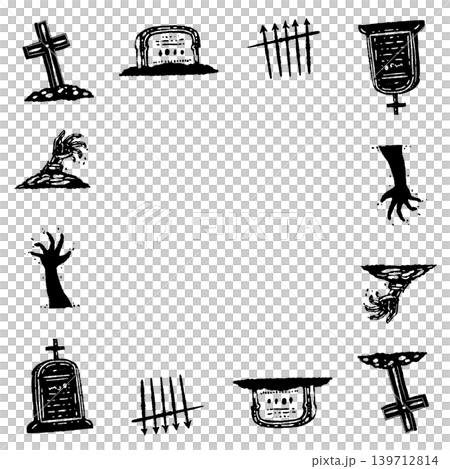 Tombstone and zombie hand monochrome hand-drawn square frame illustration Tombstone and zombie hand monochrome hand-drawn square frame illustration 139712814
