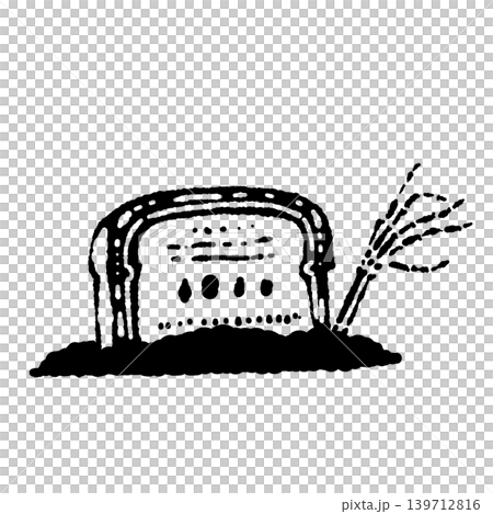 A monochrome, hand-drawn illustration of a crawling skeleton hand and a tombstone. A monochrome, hand-drawn illustration of a crawling skeleton hand and a tombstone. 139712816