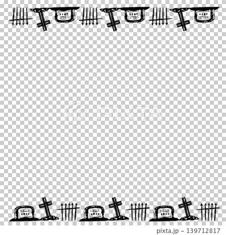 A monochrome, hand-drawn illustration of a tombstone and iron fence with top and bottom borders. A monochrome, hand-drawn illustration of a tombstone and iron fence with top and bottom borders. 139712817