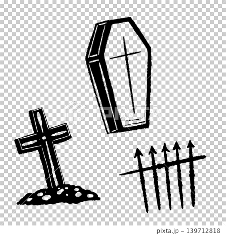 A set of monochrome hand-drawn illustrations of a cross-shaped tombstone, coffin, and iron fence. A set of monochrome hand-drawn illustrations of a cross-shaped tombstone, coffin, and iron fence. 139712818