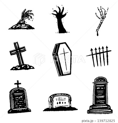 Assorted Spooky Graveyard Elements Monochrome Hand Assorted Spooky Graveyard Elements Monochrome Hand 139712825