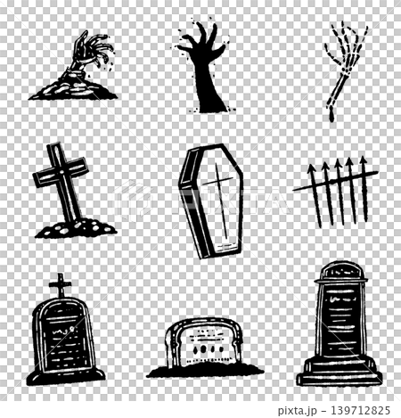 Assorted Spooky Graveyard Elements Monochrome Hand Assorted Spooky Graveyard Elements Monochrome Hand 139712825