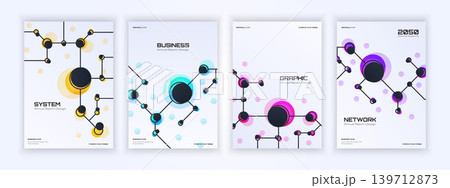 Futuristic business posters with molecular network designs in yellow, blue, pink, and purple on a light background 139712873