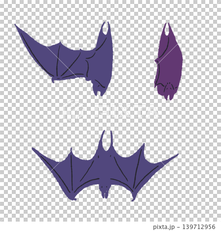Two purple bats, one hanging upside down and the other flying straight ahead. Two purple bats, one hanging upside down and the other flying straight ahead. 139712956