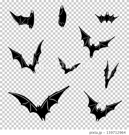 空をランダムに飛んでいる黒いコウモリの群れのモノクロイラスト 139712964
