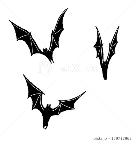 さまざまなポーズで空を飛んでいる3匹の黒いコウモリのイラスト 139712965