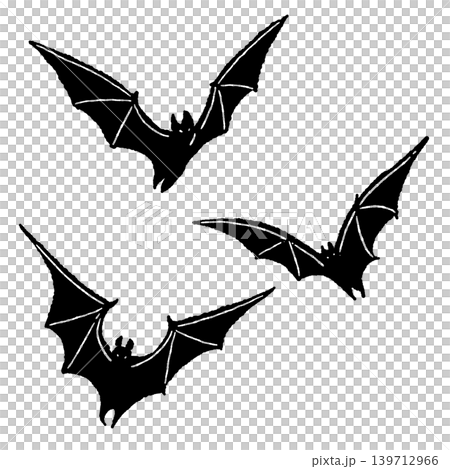 A monochrome illustration of two black bats flying together in the sky against a white background. A monochrome illustration of two black bats flying together in the sky against a white background. 139712966
