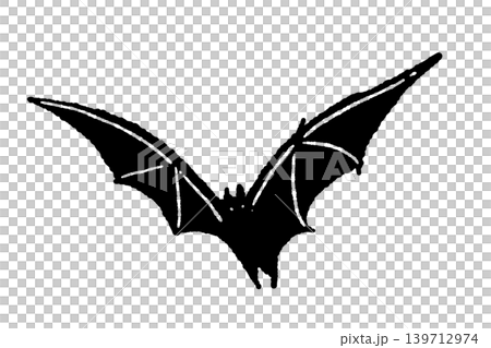 正面に向かって羽を広げて滑空する黒いコウモリの単体モノクロイラスト 正面に向かって羽を広げて滑空する黒いコウモリの単体モノクロイラスト 139712974