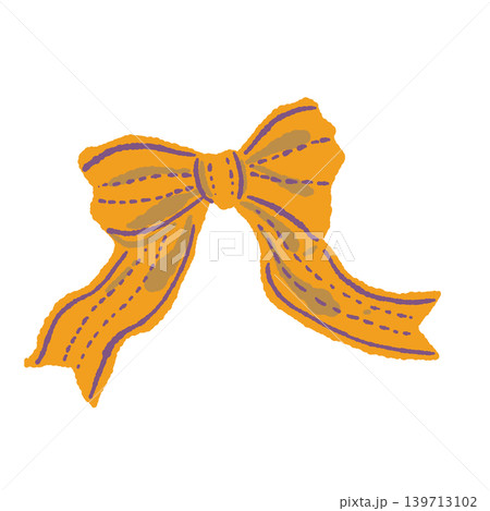 リボンのオレンジ色蝶結び単体ハロウィン向け手描き風イラスト素材 139713102