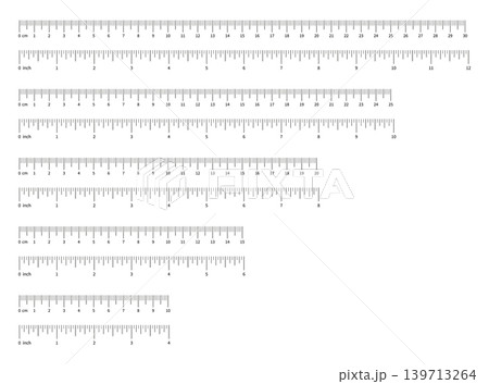 Measuring chart with 4 inch, 6 inch, 8, 10 inch, 12 inch. Collection of ruler scale 100mm, 150 mm, 200 mm, 250, 300mm with numbers. Measuring chart with 10cm, 15cm, 20 cm, 25cm, 30 centimeters. 139713264