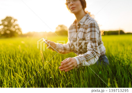 Young woman agronomist works on a modern digital tablet on a green wheat field. Young woman agronomist works on a modern digital tablet on a green wheat field. 139713295